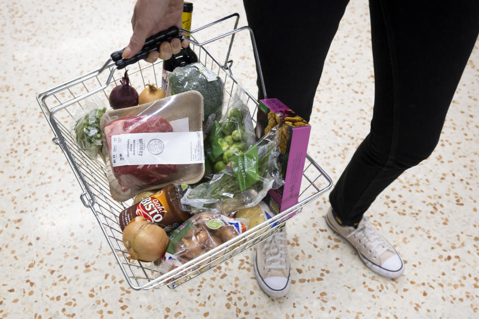 supermarket CARDIFF, WALES - OCTOBER 23: In this photo illustration, a basket of shopping filled with produce used in a traditional Sunday roast dinner is displayed on October 23, 2022 in Cardiff, Wales. The cost of a home-cooked Sunday roast for a family of four has reached its highest level in over a decade with inflation at 10.1%. (Photo by Matthew Horwood/Getty Images)