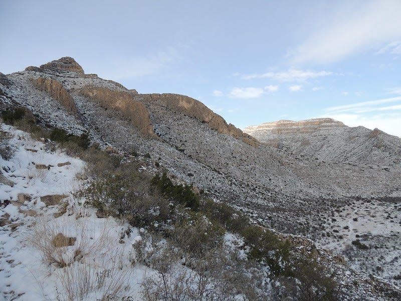 Snow lightly covers Slaughter Canyon at Carlsbad Caverns National Park.