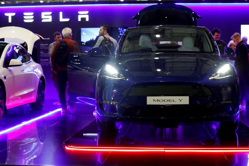 FILE PHOTO: Tesla Model Y on display at the Everything Electric exhibition