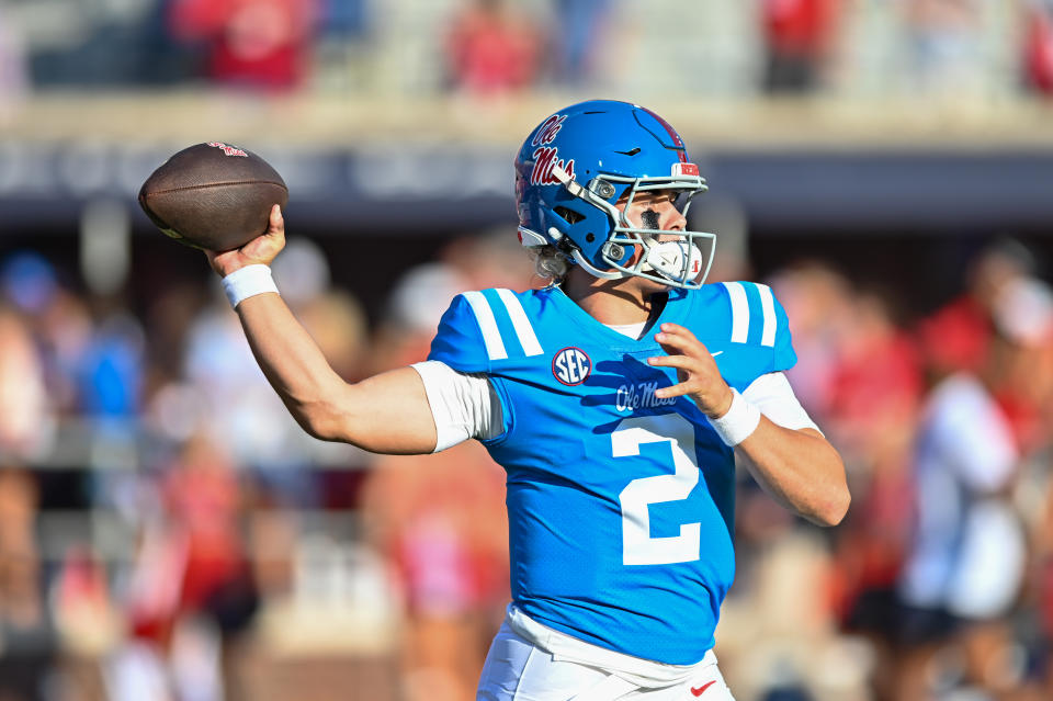 OXFORD, MS - SEPTEMBER 30: Ole' Miss quarterback Jaxson Dart (2) in action during the college football game between the LSU Tigers and the Ole' Miss Rebels on September 30, 2023 at Vaught-Hemingway Stadium in Oxford, MS. (Photo by Kevin Langley/Icon Sportswire via Getty Images)