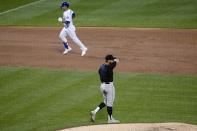 Miami Marlins relief pitcher Daniel Castano (72) reacts as New York Mets' Michael Conforto runs the bases after hitting a two-run home run during the second inning of a baseball game Saturday, Aug. 8, 2020, in New York. (AP Photo/Frank Franklin II)