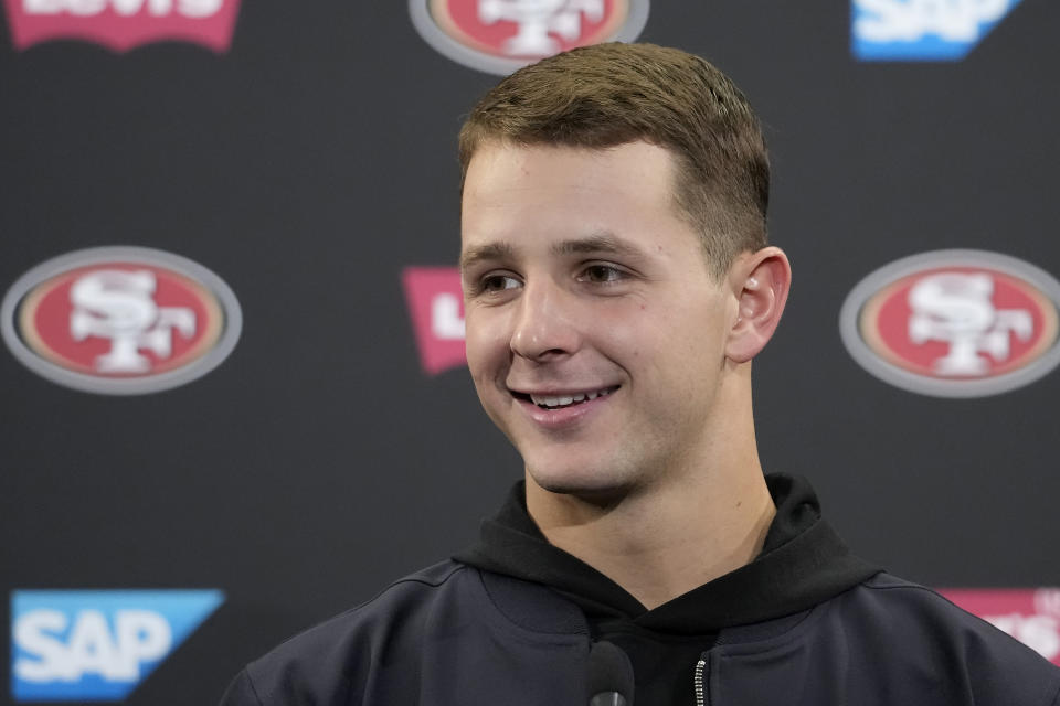 San Francisco 49ers quarterback Brock Purdy speaks to reporters after an NFL football game against the Tampa Bay Buccaneers in Santa Clara, Calif., Sunday, Nov. 19, 2023. (AP Photo/Godofredo A. Vásquez)