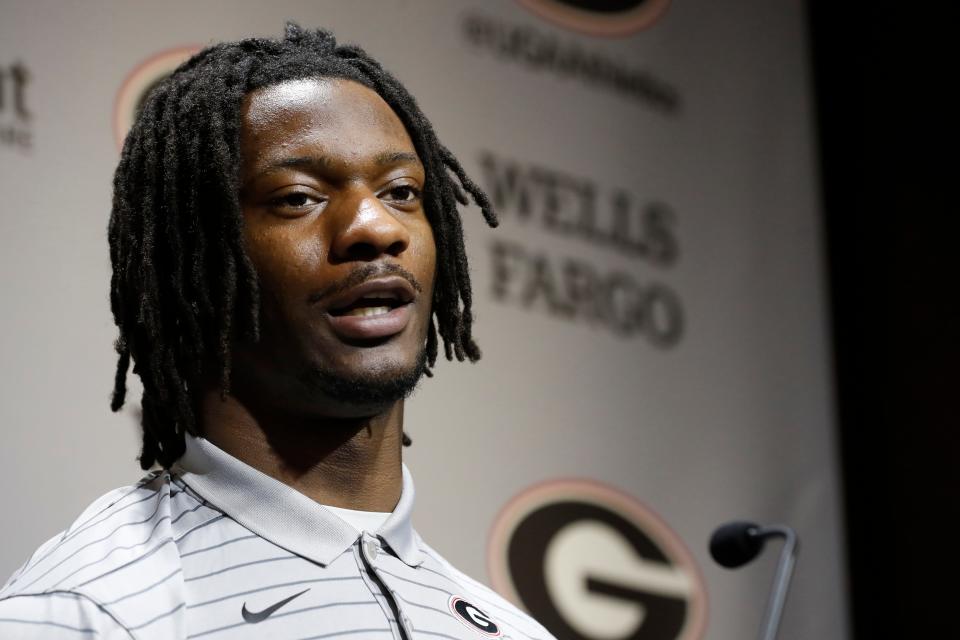 Georgia linebacker Smael Mondon speaks to the media on the first day of spring practice in Athens, Ga., on Tuesday, March 12, 2024.