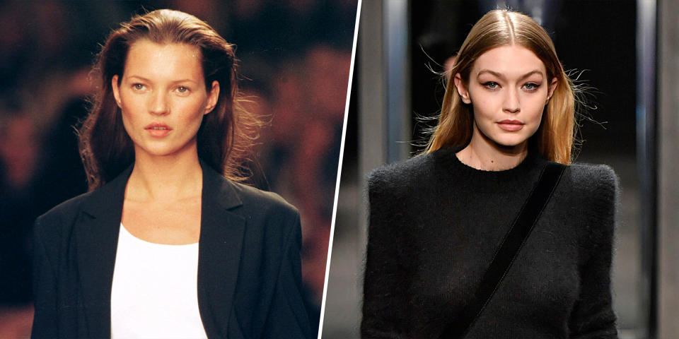 Sculpted cheekbones then vs. now: Kate Moss in 1998/Gigi Hadid in 2018  (Getty Images)