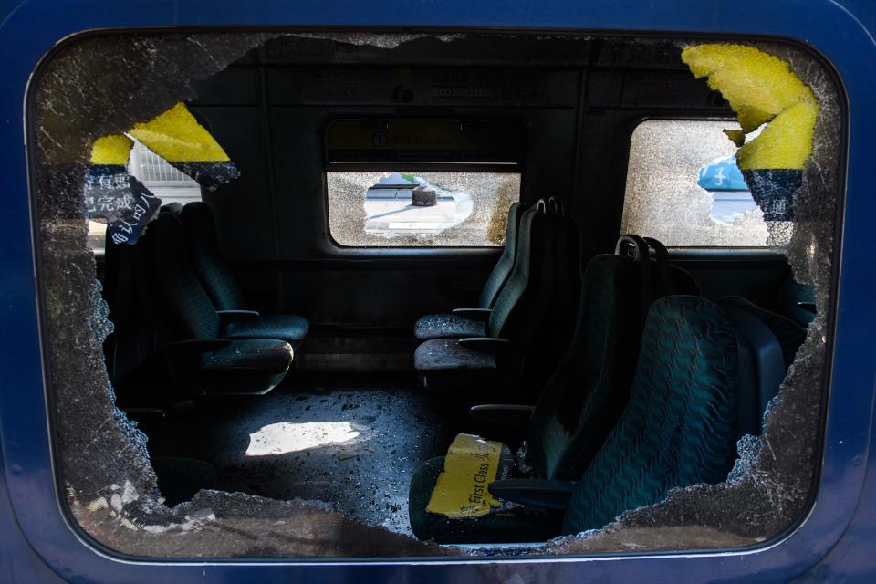 A first class train carriage is seen after it was vandalised at the University MTR (Mass Transit Railway) train station, that stops at the Chinese University of Hong Kong (CUHK), in Hong Kong on November 14, 2019. | ANTHONY WALLACE—AFP via Getty Images