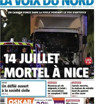 Le quotidien La Voix du Nord évoque un “14 juillet mortel à Nice”.