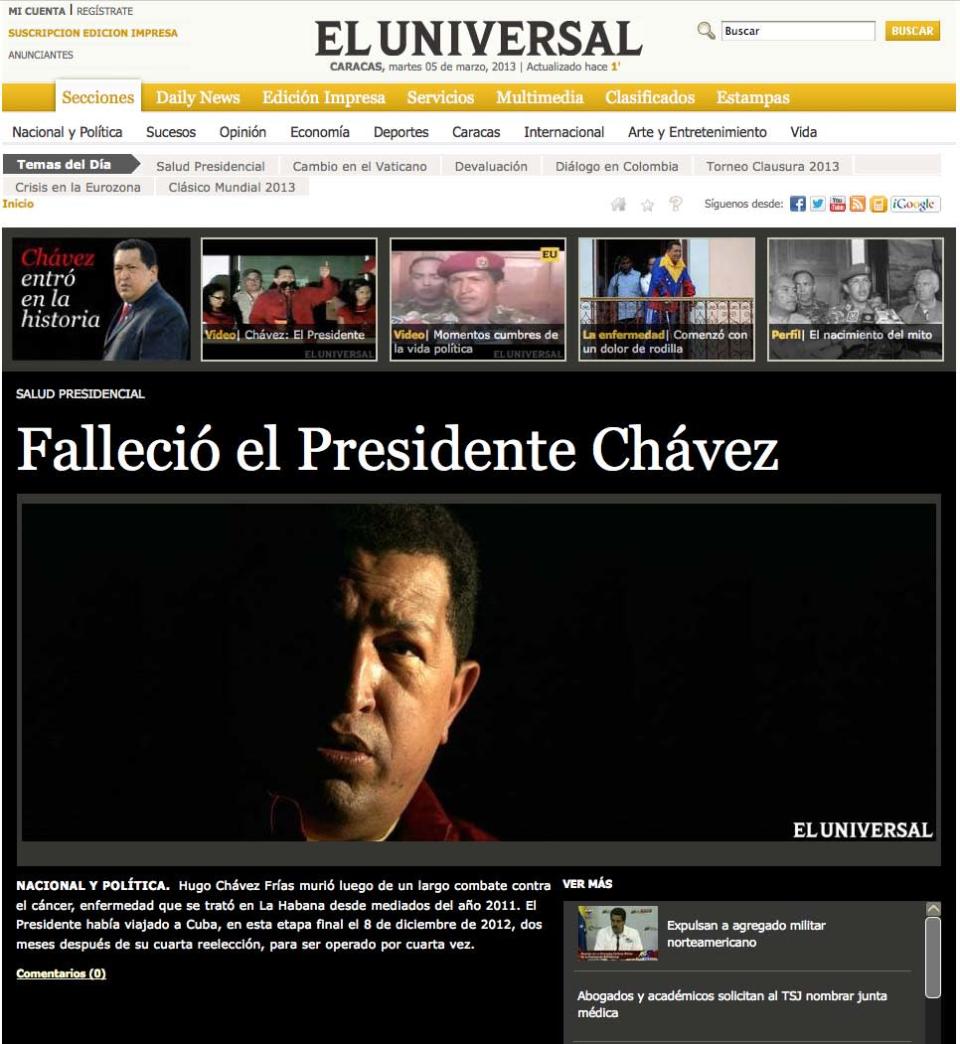 Medios del mundo anuncian muerte de Chávez