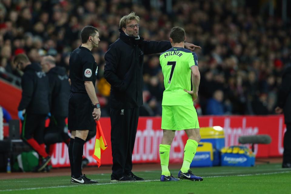 <p>Klopp tells James Milner what he wants from Liverpool (Getty Images) </p>