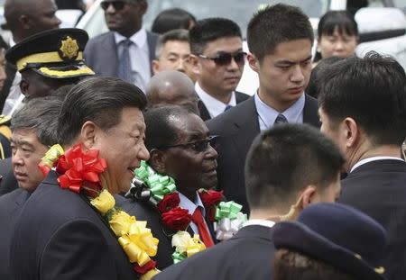 FILE PHOTO: Chinese President Xi Jinping walks with Zimbabwean President Robert Mugabe (2nd L) upon arrival for a state visit in Harare, Zimbabwe December 1, 2015. REUTERS/Philimon Bulawayo/File Photo