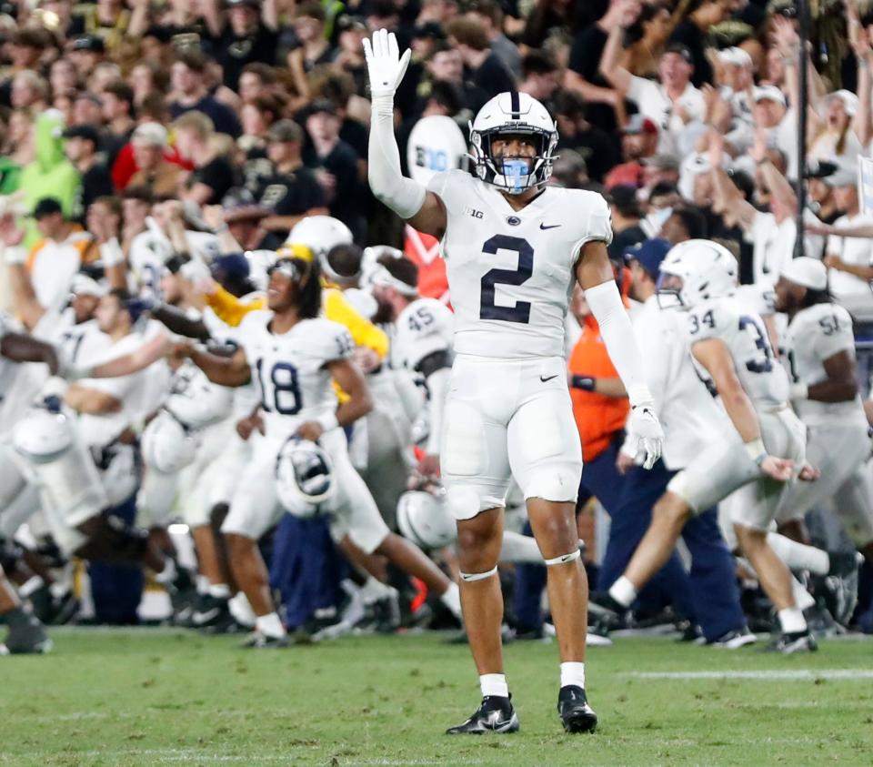 Penn State Nittany Lions safety Keaton Ellis (2) waves goodbye to the crowd after the NCAA football game against the Purdue Boilermakers, Thursday, Sept. 1, 2022, at Ross-Ade Stadium in West Lafayette, Ind. Penn State won 35-31.