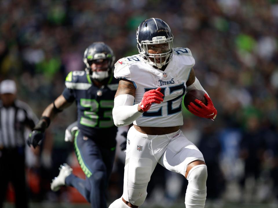 Derrick Henry makes a run against the Seattle Seahawks.