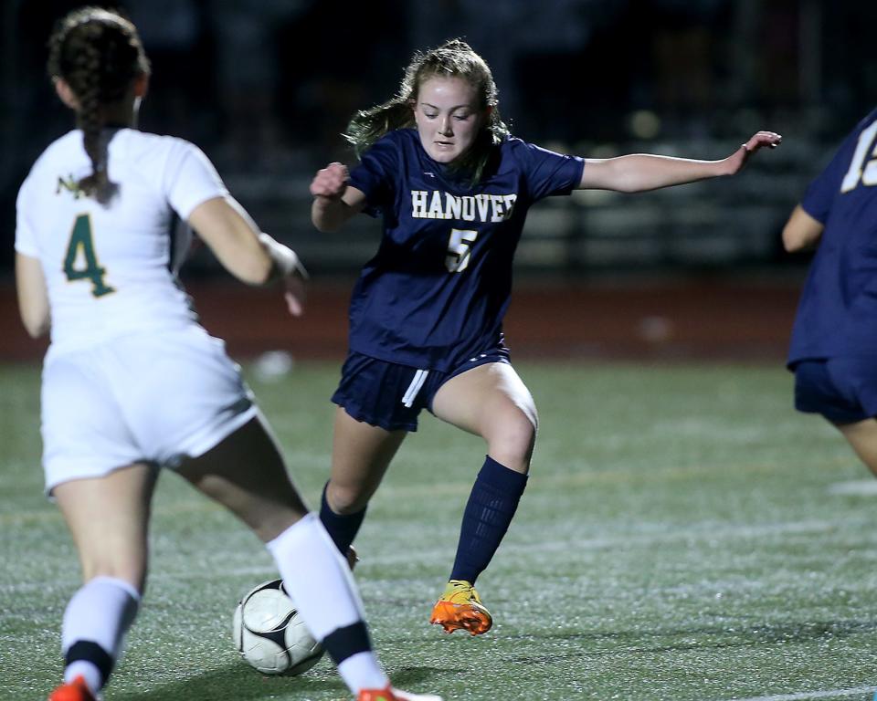 Hanoverâ€™s Ayla McDermod strides into her shot that gave Hanover the 1-0 win over North Reading in the second overtime of the Division 3 Elite 8 game at Hanover High School on Saturday, Nov. 12, 2022.