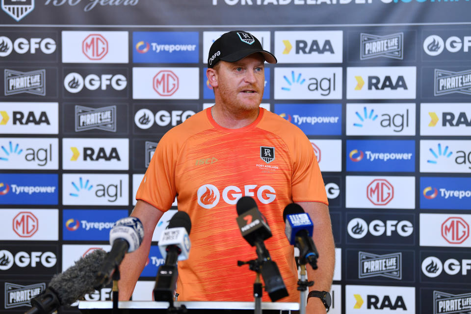 Michael Voss (pictured) assistant coach of Port Adelaide speaks to the media.