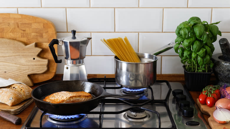 different pan types on stove