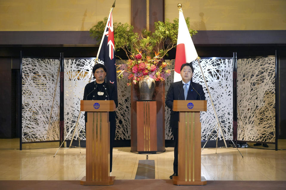 New Zealand Foreign Minister Nanaia Mahuta, left, and Japanese Foreign Minister Yoshimasa Hayashi, right, attend a joint press conference after their meeting at Iikura Guest House Monday, Feb. 27, 2023, in Tokyo. (AP Photo/Eugene Hoshiko)