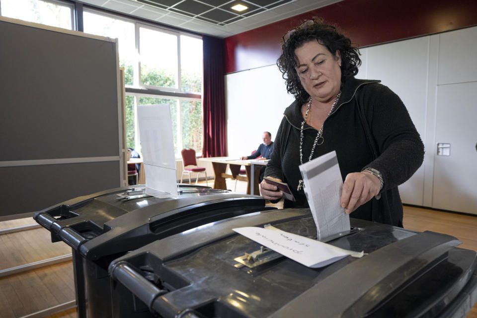 Lawmaker Caroline van der Plas, leader of the populist BBB Farmer Citizen Movement casts her vote for the provincial elections in Okkenbroek, eastern Netherlands, Wednesday, March 15, 2023. Local elections with national consequences opened Wednesday in the Netherlands as voters cast their ballots for the country's 12 provincial legislatures, which in turn elect the national parliament's upper house. (AP Photo/Peter Dejong)