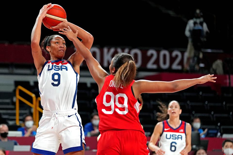 A'ja Wilson shoots the ball against Japan.