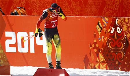 Germany's Eric Frenzel reacts after competing in the men's relay 4x5km cross-country race of the Nordic Combined team Gundersen event of the Sochi 2014 Winter Olympic Games, at the RusSki Gorki Ski Jumping Center in Rosa Khutor, February 20, 2014. REUTERS/Kai Pfaffenbach