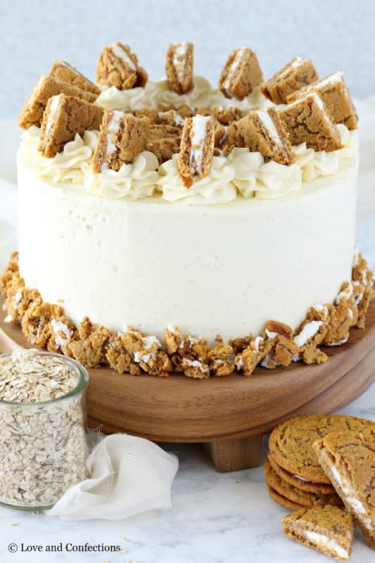 <p>Love and Confections</p><p>Your favorite childhood lunchbox treat is transformed into a delicious oatmeal cream pie cake. Oatmeal brown sugar cake, marshmallow filling, and vanilla bean frosting are the perfect back-to-school indulgence.</p><p><strong>Get the recipe: <a href="https://www.loveandconfections.com/oatmeal-cream-pie-layer-cake/" rel="nofollow noopener" target="_blank" data-ylk="slk:Oatmeal Cream Pie Cake;elm:context_link;itc:0;sec:content-canvas" class="link ">Oatmeal Cream Pie Cake</a></strong></p>
