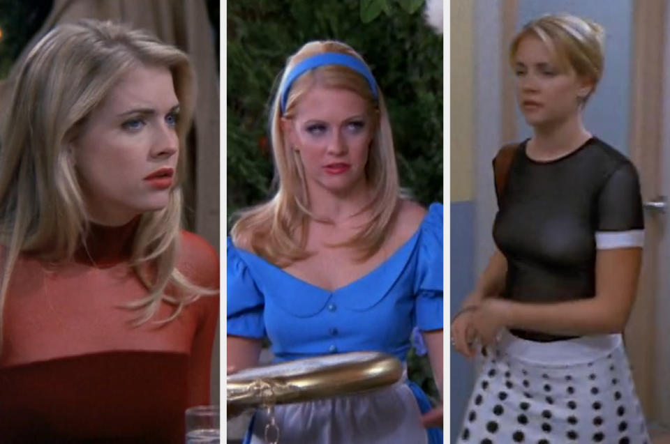 Melissa Joan Hart as Sabrina wears a red blouse, an "Alice in Wonderland" costume, and a black and white outfit