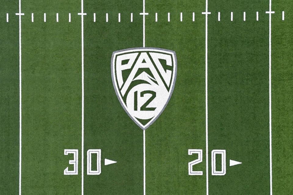 EUGENE, OREGON - MAY 23: The Pac-12 Conference logo on the football field at Autzen Stadium on the campus of the University of Oregon on May 23, 2024 in Eugene, Oregon. (Photo by Kirby Lee/Getty Images)