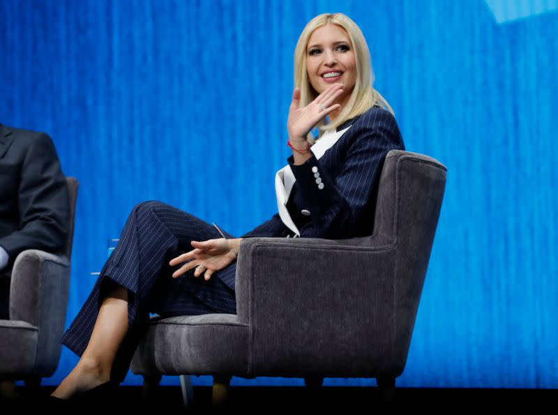 Ivanka Trump, daughter of President Donald Trump, speaks with Gary Shapiro, president and CEO of the Consumer Technology Association, in a keynote address during the 2020 CES in Las Vegas