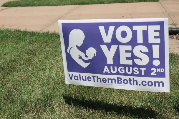 PHOTO: A sign in a yard in Olathe, Kansas, promotes a proposed amendment to the Kansas Constitution to allow legislators to further restrict or ban abortion, July 8, 2022. (John Hanna/AP)