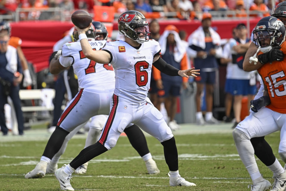 Tampa Bay Buccaneers quarterback Baker Mayfield (6) throws a pass against the Denver Broncos during the second half of an NFL football game, in Tampa, Fla. on Sunday, Sept. 22, 2024. (AP Photo/Jason Behnken)