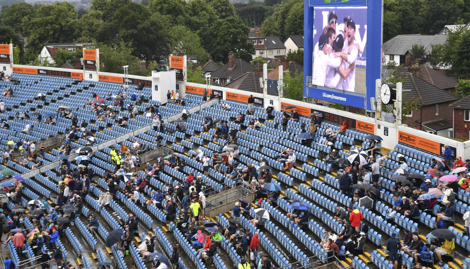 General view of western terrace as rain delays play during the third day of the third Ashes Test match between England and Australia at Headingley, Leeds, England, Saturday, July 8, 2023. (AP Photo/Rui Vieira)