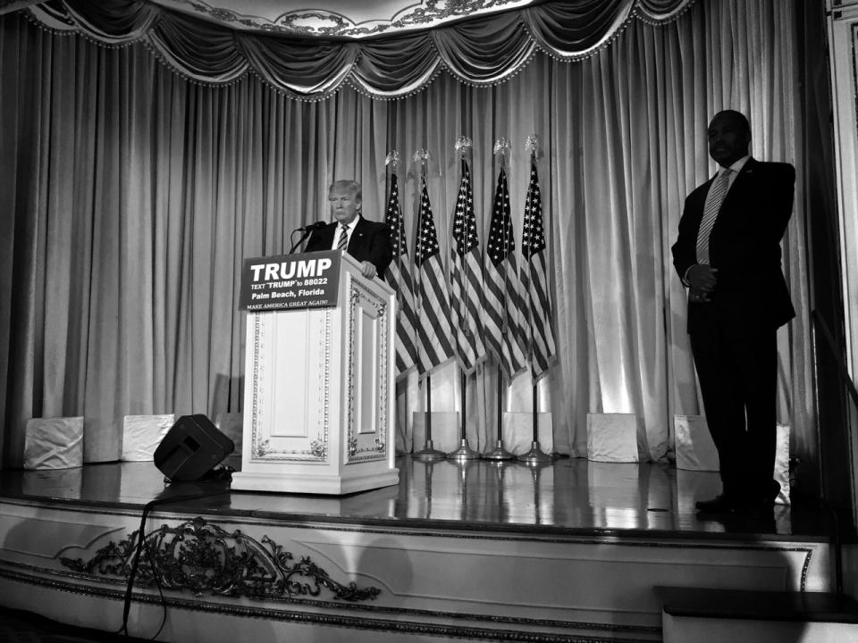 <p>Donald Trump takes questions from the press after receiving the endorsement of Ben Carson on March 11 at the Mar-a-Lago Beach Club, in Palm Beach, Fla. (Photo: Holly Bailey/Yahoo News) </p>