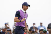 Rory McIlroy, of Northern Ireland, acknowledges the gallery after his birdie putt on the second green during the third round of the U.S. Open Golf Championship, Saturday, June 19, 2021, at Torrey Pines Golf Course in San Diego. (AP Photo/Jae C. Hong)