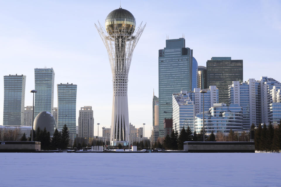 A view of the center of Nur-Sultan, the capital of Kazakhstan, Thursday, Jan. 20, 2022. As time went on, Nursultan Nazarbayev increasingly monopolized the country's politics, suppressing opposition and introducing a highly personalized form of rule as Elbasy, the Leader of the Nation. Nazarbayev resigned in 2019, but until recently remained head of the ruling Nur Otan party and chair of the Security Council. Tokayev, the chair of the upper house of parliament, was appointed president and renamed the capital of Astana to Nur-Sultan, to honor his predecessor. (AP Photo/Bolatbek Otarbayev)