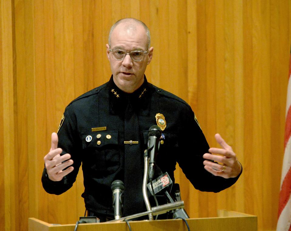 Springfield Police Department Chief Ken Scarlette, answers questions at a press conference Thursday, March, 2023, held by Sangamon County State's Attorney Dan Wright in which Wright announced he was charging Frederik Degraffenried with first degree murder.