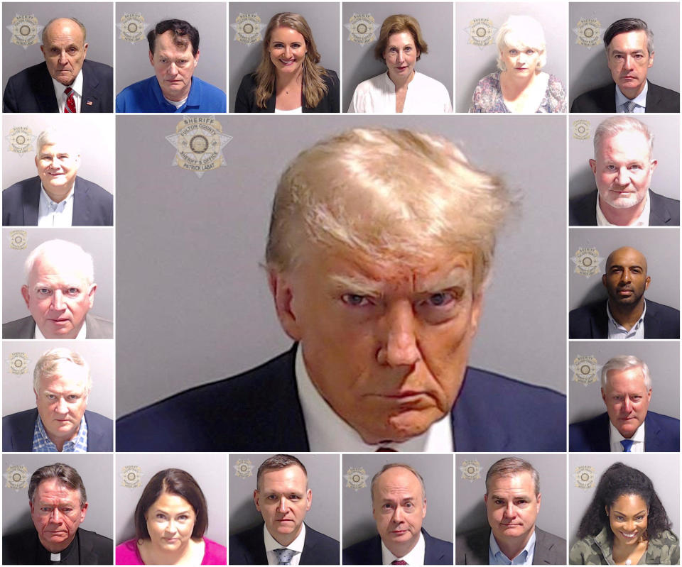 A combination picture shows police booking mugshots of former President Donald Trump and the 18 people indicted with him, including Rudy Giuliani, Ray Smith, Jenna Ellis, Sidney Powell, Cathy Latham, Kenneth Chesebro, David Shafer, John Eastman, Scott Hall, Harrison Floyd, Mark Meadows, Trevian Kutti, Shawn Still, Jeffrey Clark, Michael Roman, Misty Hampton, Stephen Cliffgard Lee and Robert Cheeley.  / Credit: FULTON COUNTY SHERIFF'S OFFICE via Reuters