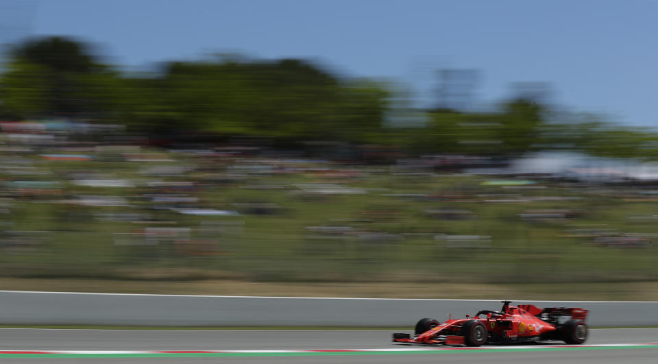 Ferrari driver Sebastian Vettel of Germany steers his car during the Spanish Formula One race at the Barcelona Catalunya racetrack in Montmelo, just outside Barcelona, Spain, Sunday, May 12, 2019. (AP Photo/Manu Fernandez)