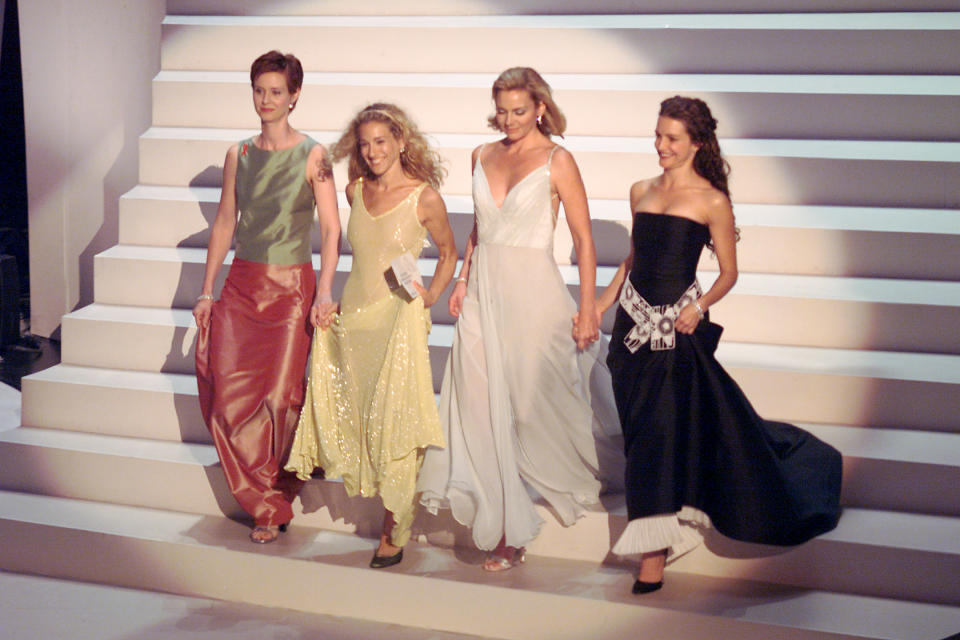 Cynthia Nixon, Sarah Jessica Parker, Kim Cattrall, and Kristin Davis of 'Sex in the City' at the 1999 Emmy Awards held in Los Angeles, CA 9/13/99  Photo by Frank Micelotta/Getty Images