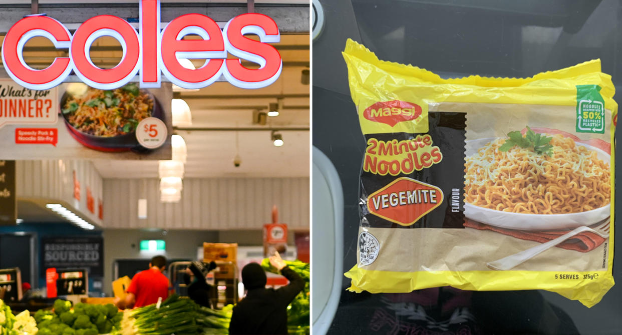 Left, the front of a Coles store. Right, a four-pack of Maggi 2-Minute Vegemite Noodles.