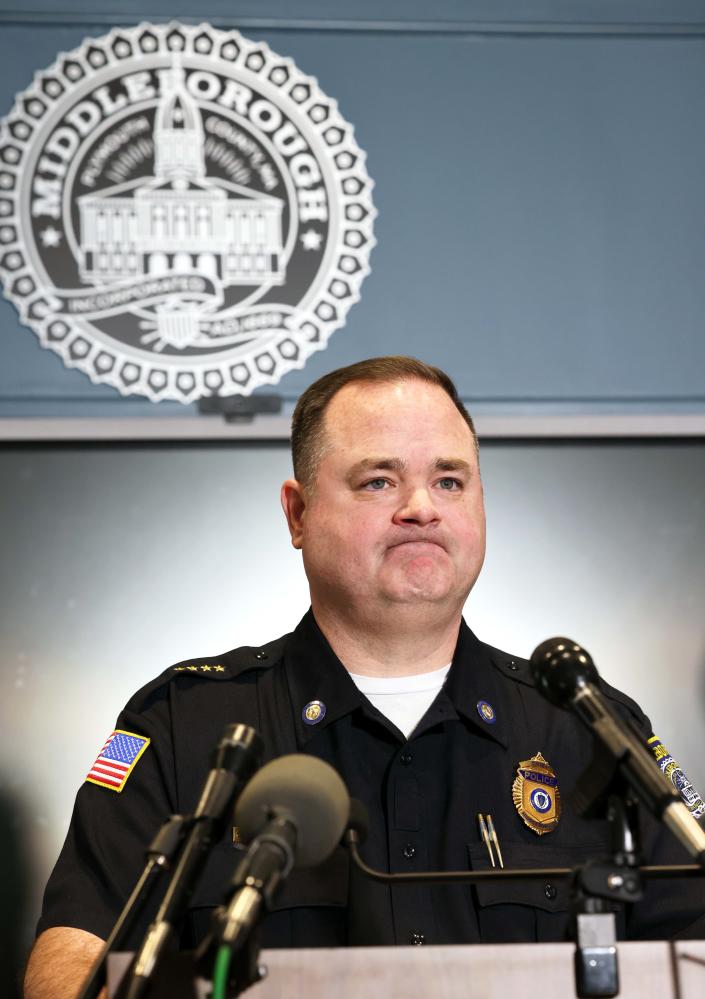 Middleboro Police Chief Joseph Perkins conducts a press conference on Friday, April  15, 2022.