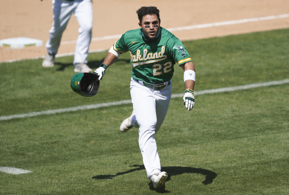 Ramon Laureano charges toward the Houston Astros' dugout after he was hit by a pitch.