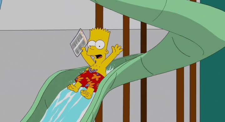 Bart Simpson slides down a waterslide