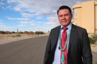 Greg Bigman poses for a photograph before a Navajo Nation presidential forum at a tribal casino outside Flagstaff Arizona, on Tuesday, June 21, 2022. Bigman is among 15 candidates seeking the top leadership post on the largest Native American reservation in the U.S. (AP Photo/Felicia Fonseca)
