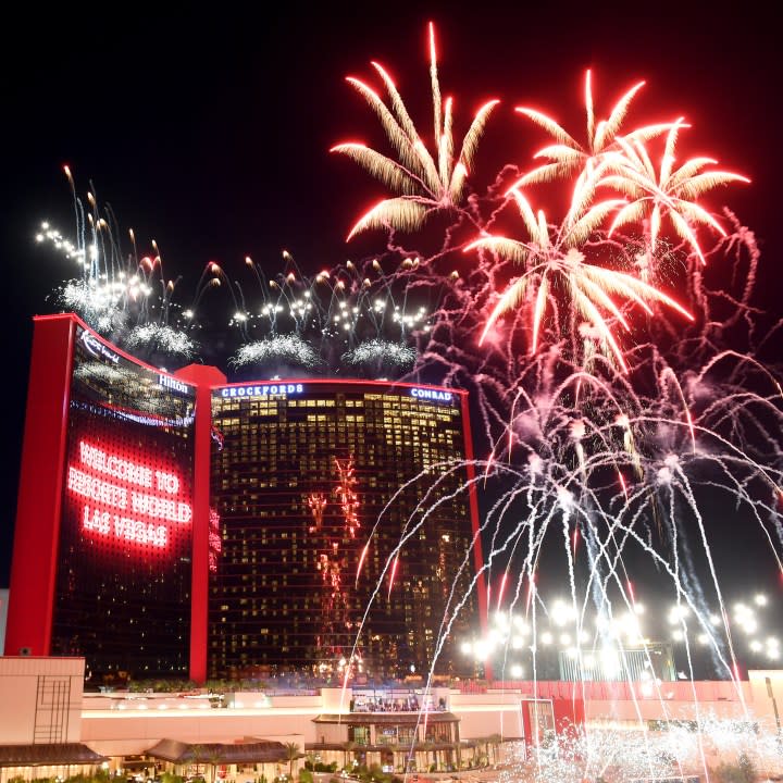 <em>LAS VEGAS, NEVADA – JUNE 24: A fireworks show is seen during the Resorts World Las Vegas Grand Opening on June 24, 2021 in Las Vegas, Nevada. (Photo by Bryan Steffy/Getty Images for Resorts World Las Vegas)</em>