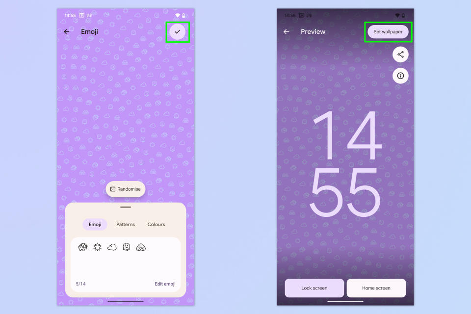 A screenshot showing how to create and set emoji wallpapers on Google Pixel devices