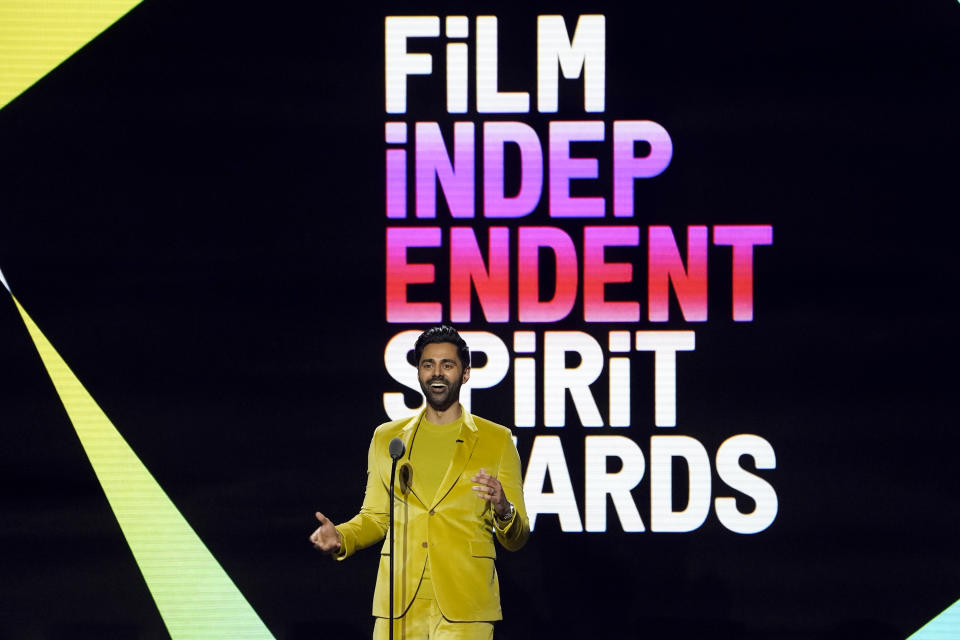 Host Hasan Minhaj speaks at the Film Independent Spirit Awards on Saturday, March 4, 2023, in Santa Monica, Calif. (AP Photo/Chris Pizzello)