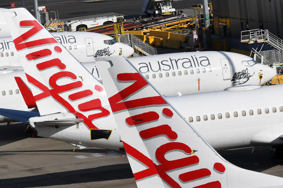 Grounded Virgin Australia planes are seen at Tullamarine Airport in Melbourne.