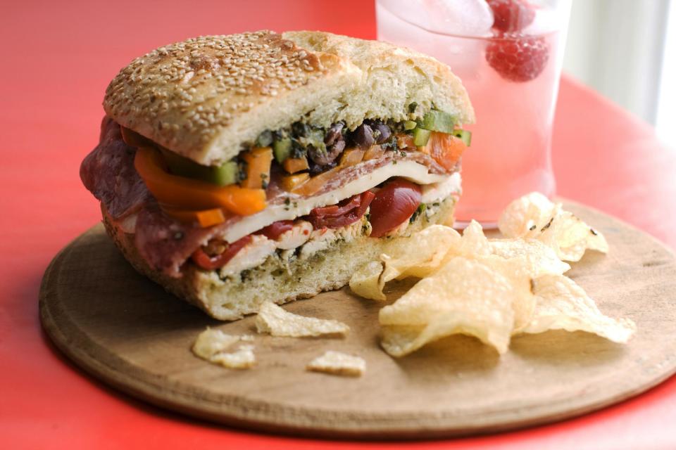 In this image taken on June 27, 2013, an overnight pressed picnic sandwich is shown in Concord, N.H. (AP Photo/Matthew Mead)