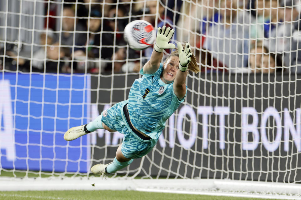United States' Alyssa Naeher makes a save against Canada during the shoot out of a SheBelieves Cup women's soccer match Tuesday, April 9, 2024, in Columbus, Ohio. (AP Photo/Jay LaPrete)