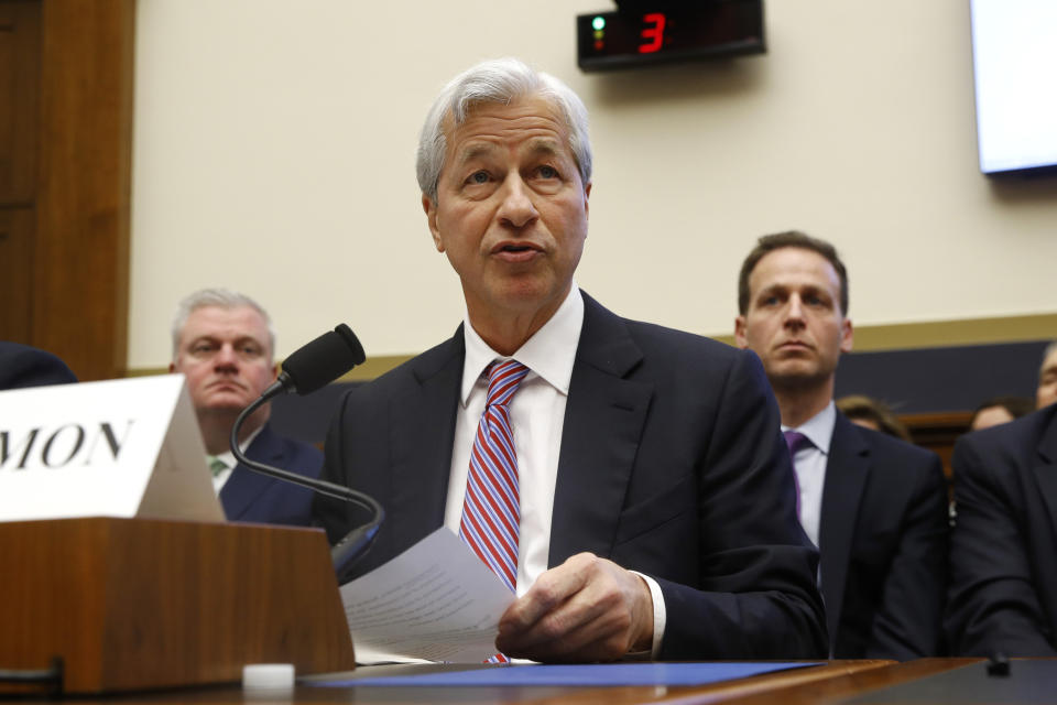 JPMorgan Chase chairman and CEO Jamie Dimon testifies before the House Financial Services Commitee during a hearing, Wednesday, April 10, 2019, on Capitol Hill in Washington. (AP Photo/Patrick Semansky)