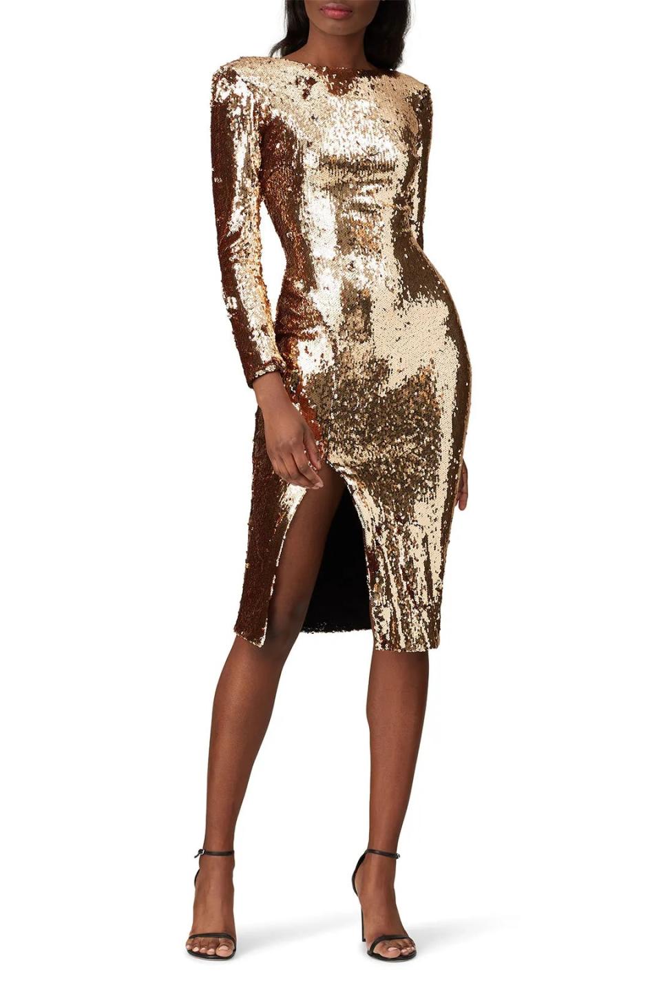 model wearing gold sequin midi dress