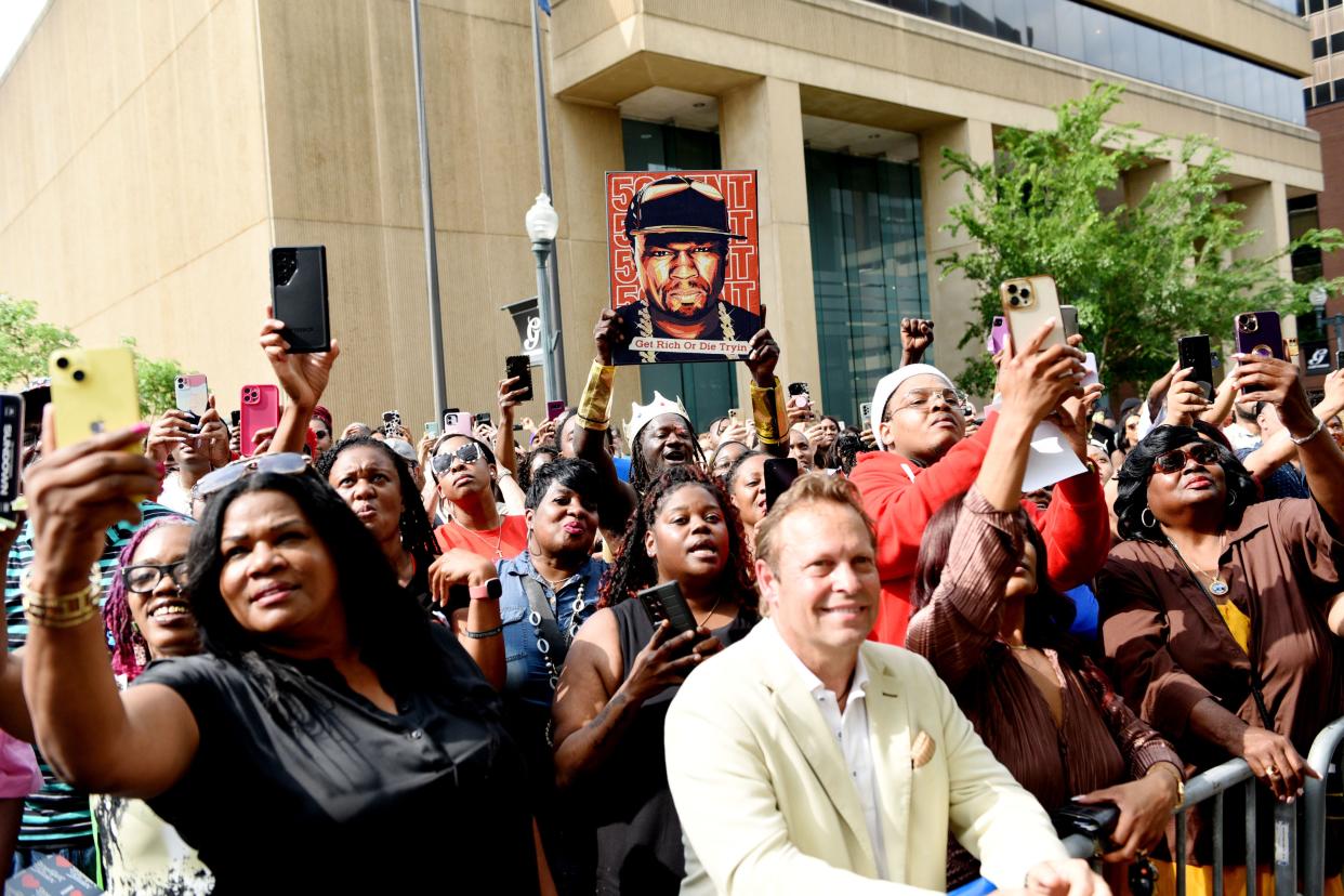 The crowd during the 50 Cent press conference in front of Government Plaza to sign the lease for G-Unit Studios in Shreveport Thursday afternoon, April 18, 2024.